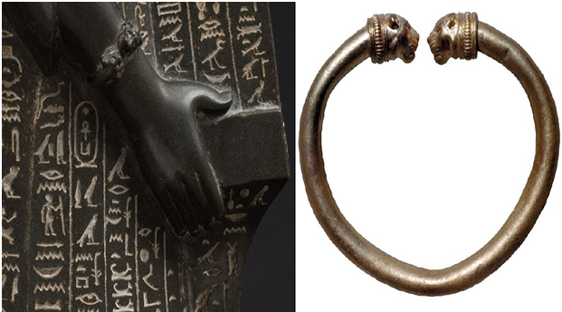 (اليسار) شكل السوار الذي ظهر على يد تمثاله، (يمين) سوار فارسي يوضح التشابه بينه وبين سوار المسؤول المصري