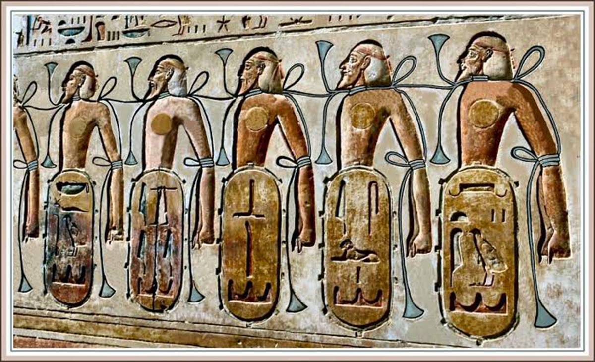 الأقواس التسعة لأقوام آسيويين على جدران معبد رمسيس الثاني في أبيدوس