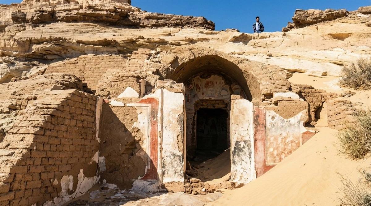 معبد بيريس بالوادي الجديد.. تصوير: هدير محمود، صورة معدلة بالذكاء الاصطناعي