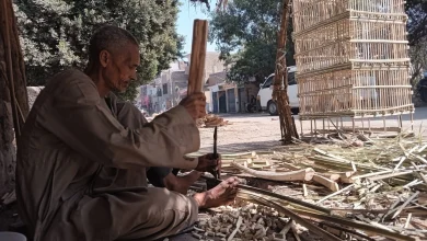 عم أحمد أثناء صناعة فوانيس جريد النخل.. تصوير: أماني خيري