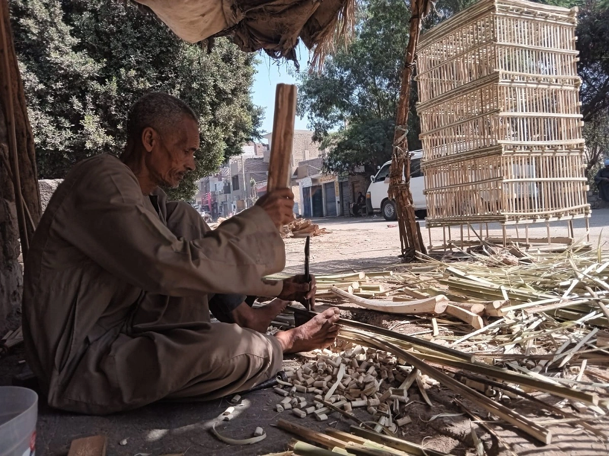 عم أحمد أثناء صناعة فوانيس جريد النخل.. تصوير: أماني خيري