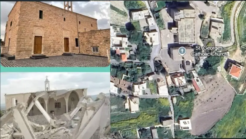 كنيسة دردغيا في لبنان قبل وبعد التدمير.. الصورة بواسطة القمر الصناعي