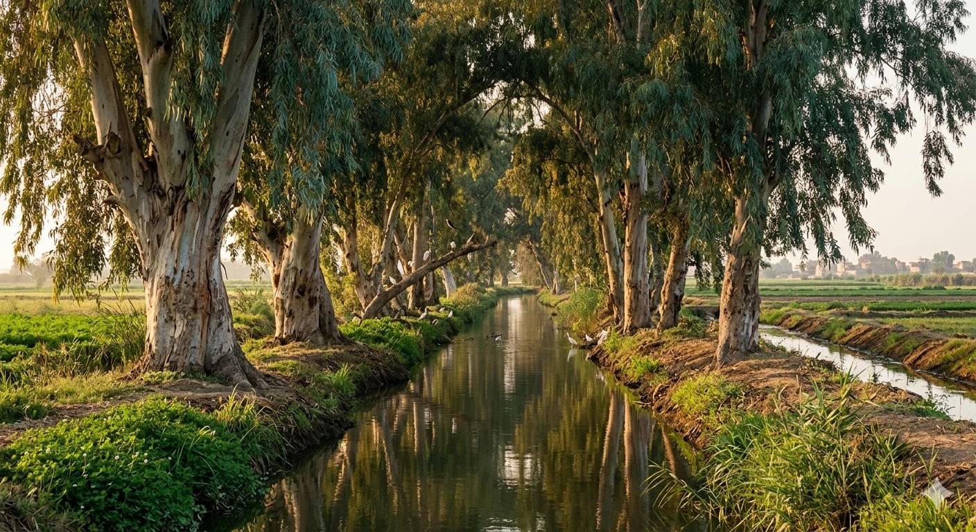 صورة مولدة بالذكاء الاصطناعي لأشجار الكافور بجوار مجري مائي