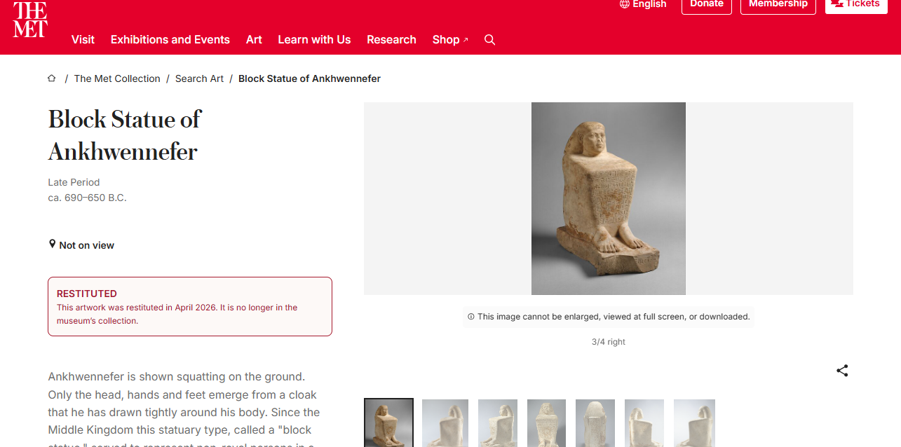 تمثال عنخ ونفر بموقع المتروبوليتان ويوضح الموقع أنها غير متاحة للعرض وتم إعادتها في أبريل 2026